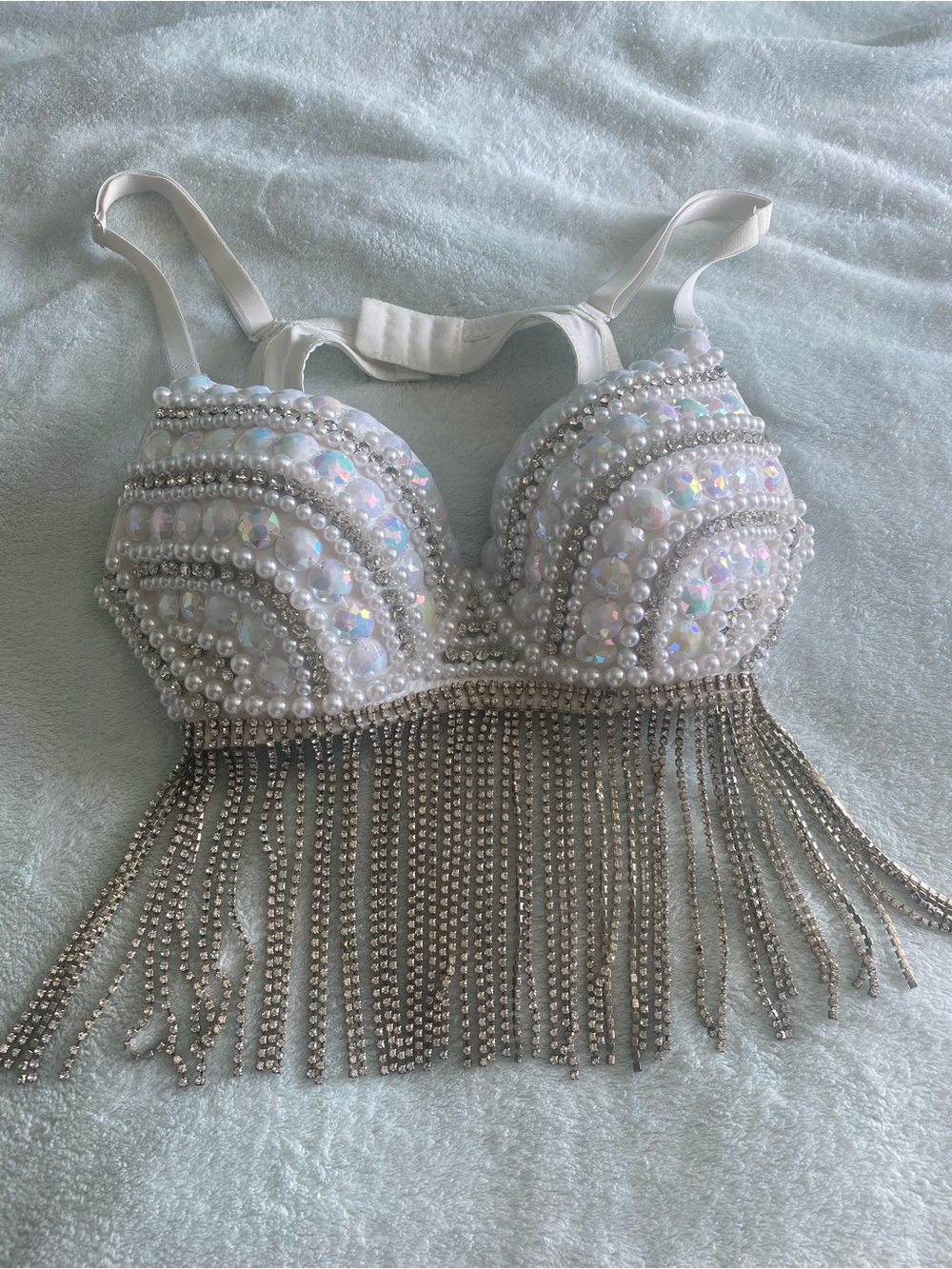 White Beaded Fringe Embellished Push-Up Bra